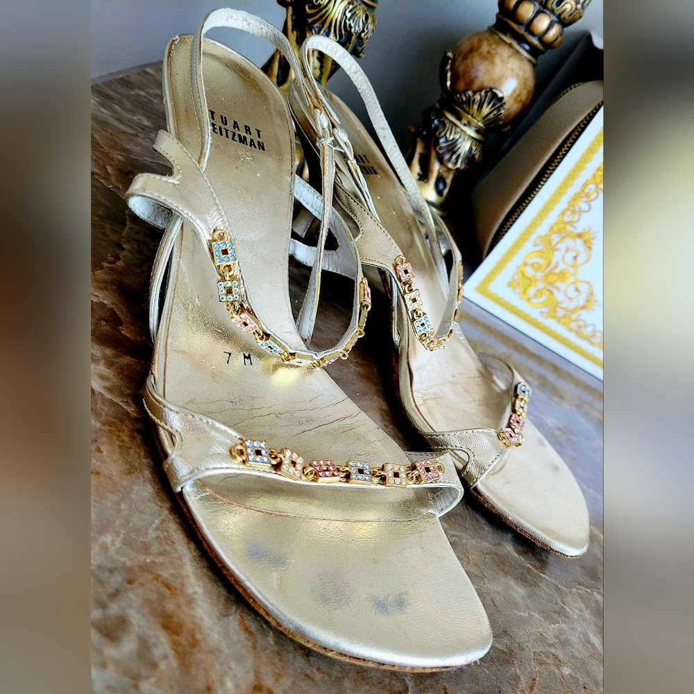 Stuart Weitzman Crystal/Rhinestone Embellished Sandal Kitten Heel PlatinumGold 7